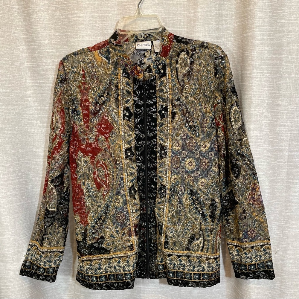 Chico's Black and Gold Evening Jacket with Ornate Design